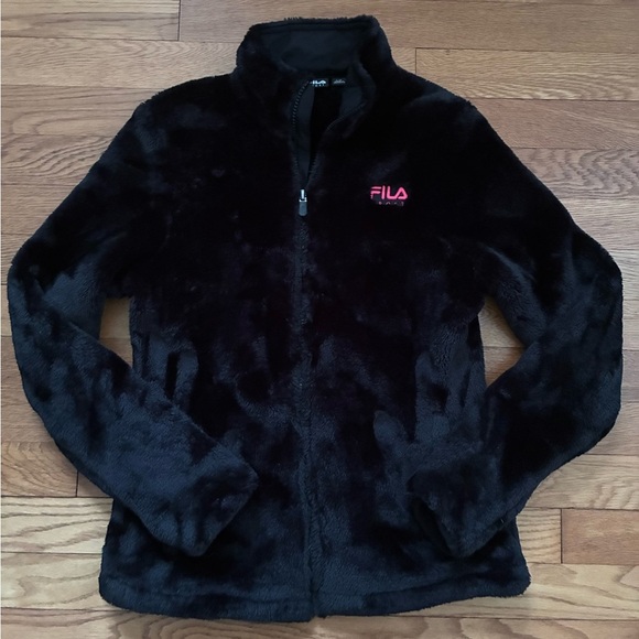 Fila Sport Full Zipper Faux Fur Black Jacket - Size L 14 - Picture 1 of 6